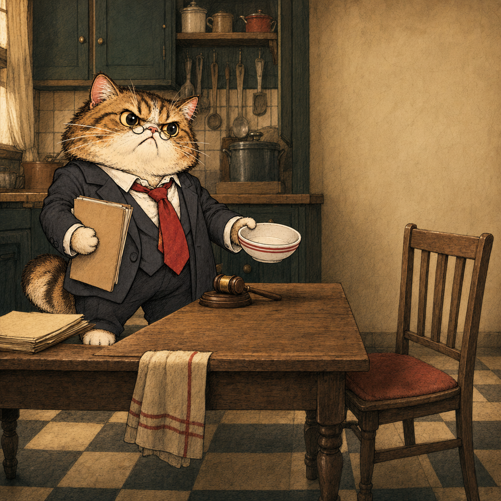 The suited cat stands behind a wooden kitchen table with a gavel, holding out his empty bowl and clutching a folder
